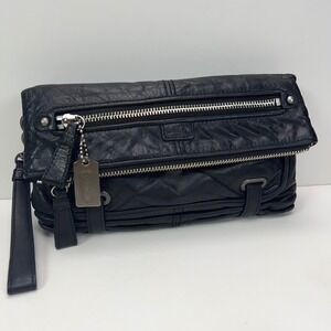 Vintage COACH Black Crinkle Leather FoldOver Clutch Bag Charm Zip Close Wristlet